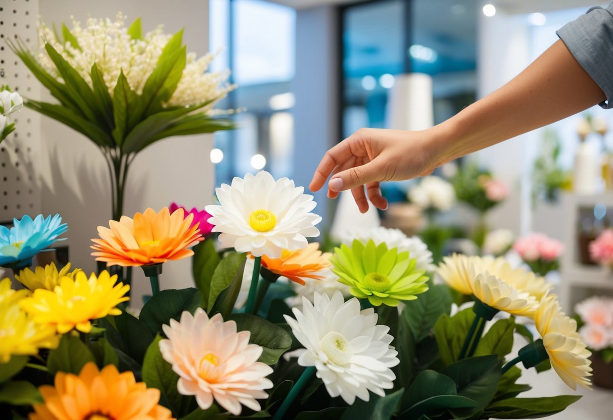 A hand reaching for a lifelike artificial flower among a variety of fake flowers on display in a modern home decor store