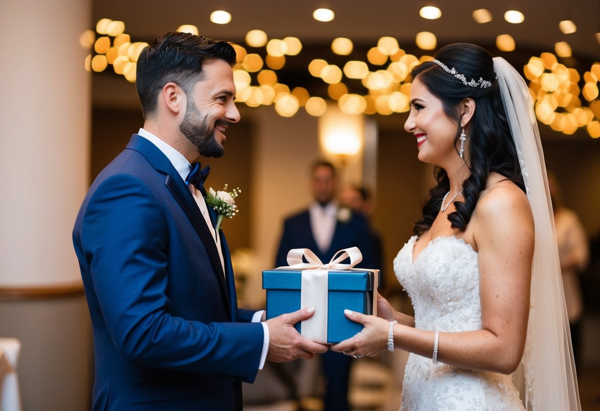 The best man presents a gift to the bride at the wedding