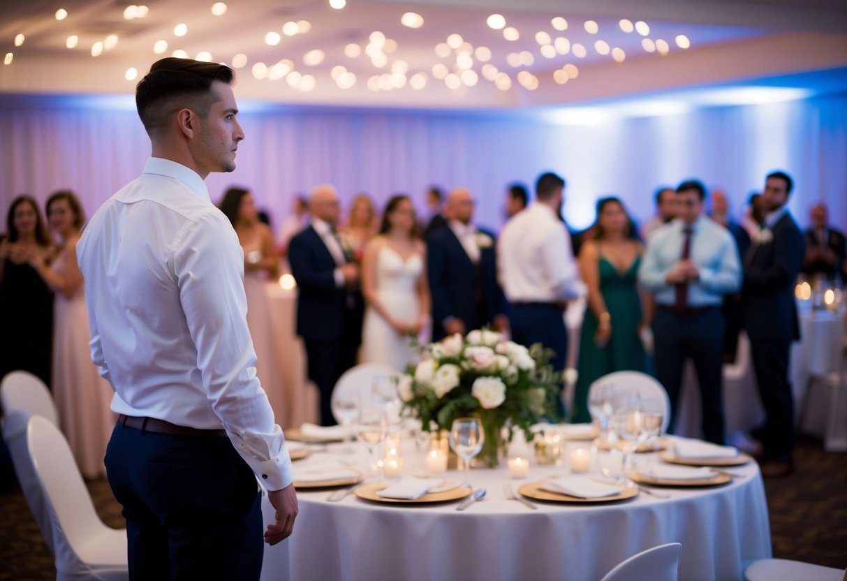 A lone figure stands at the edge of a bustling wedding reception, observing the festivities from a distance with a hint of uncertainty