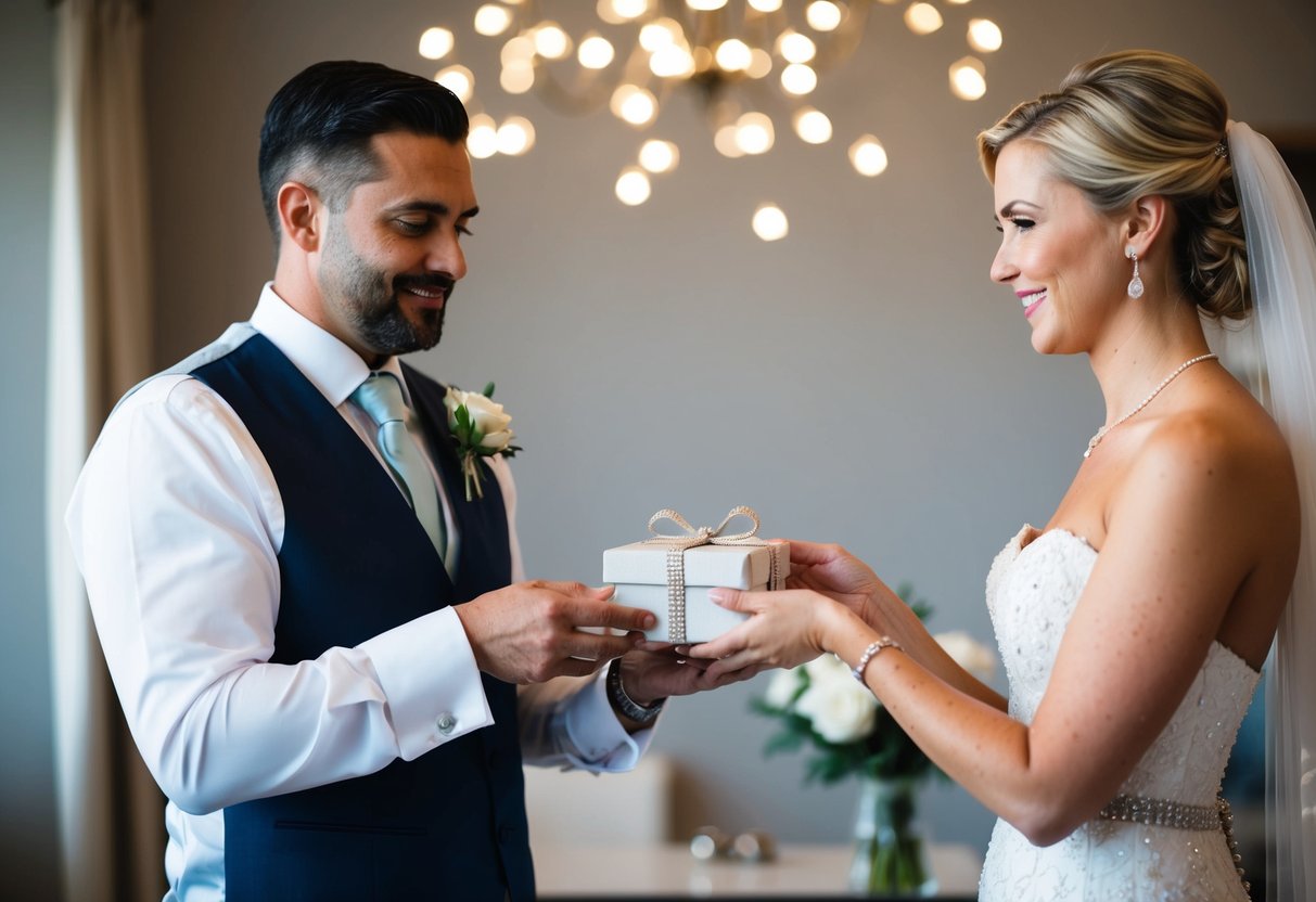 The best man selects a thoughtful gift for the bride, perhaps a delicate piece of jewelry or a sentimental keepsake
