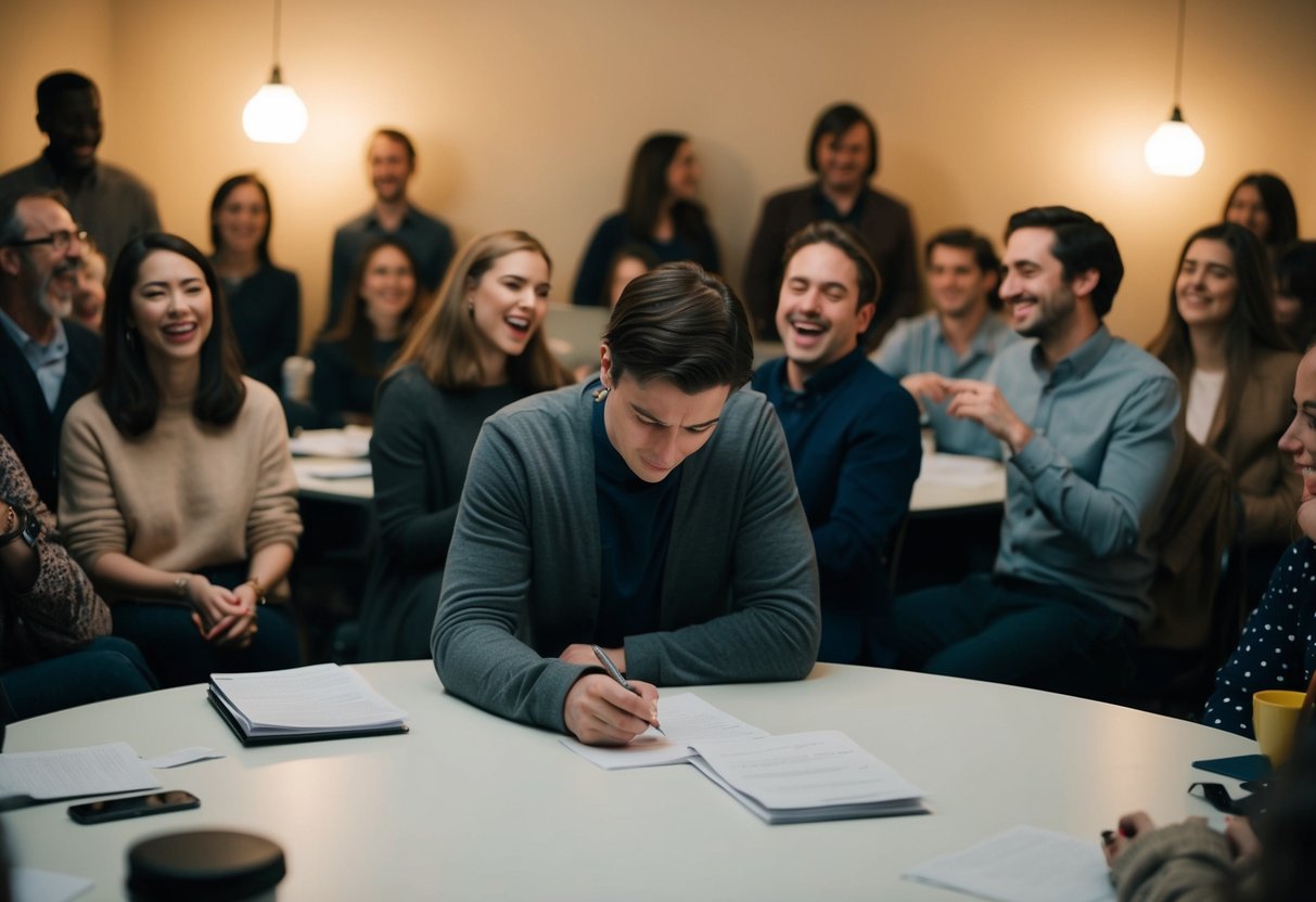 A lone figure sits at a table, surrounded by unfamiliar faces. The room is filled with laughter and music, but the figure looks determined, jotting down notes on a piece of paper