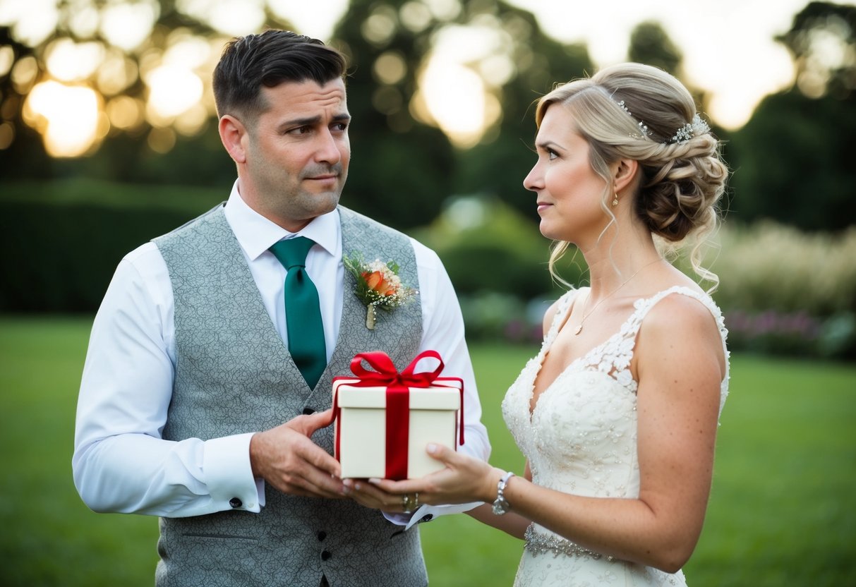A best man holding a gift, looking uncertain while standing next to the bride