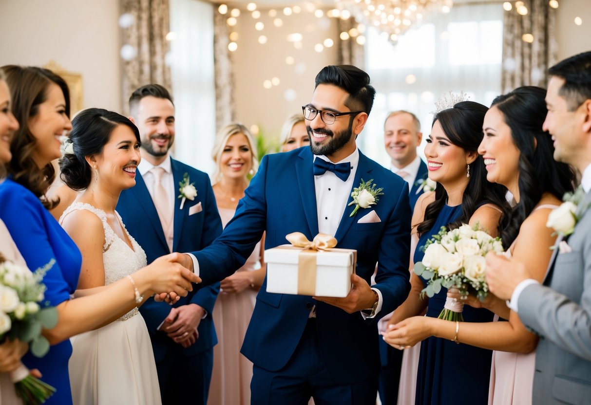 A best man presenting a thoughtful gift to the bride, surrounded by wedding decor and happy guests