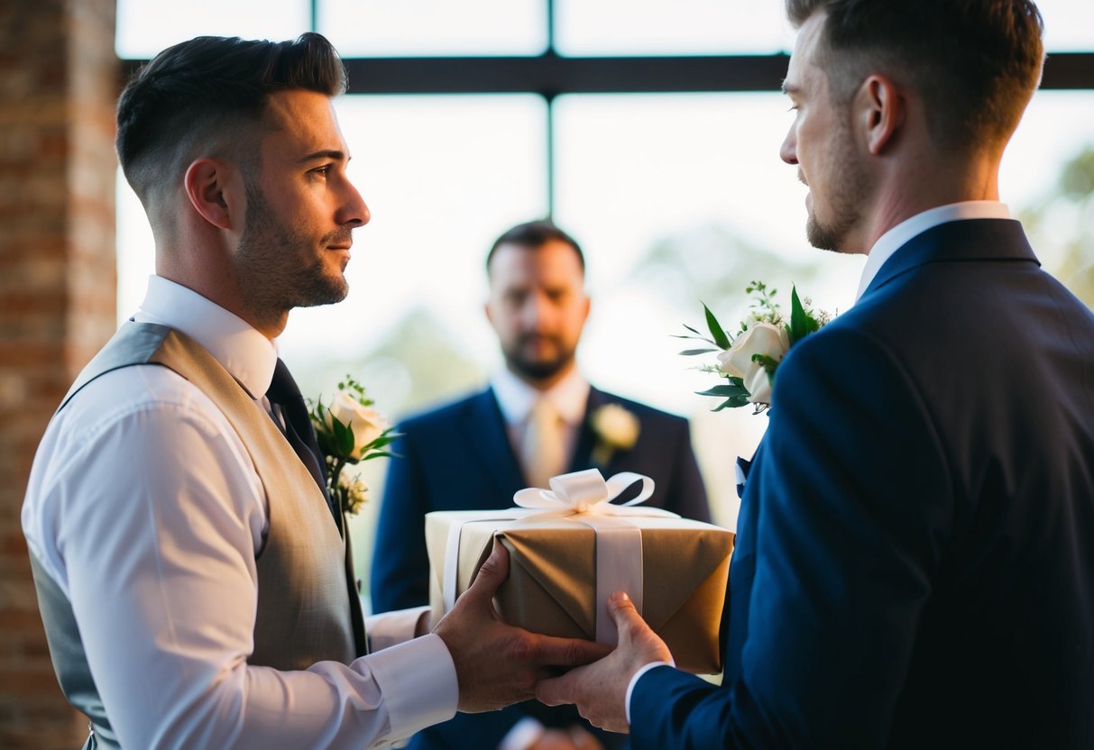 A man holds a wrapped gift, pondering. A wedding scene with a focus on the best man and the bride