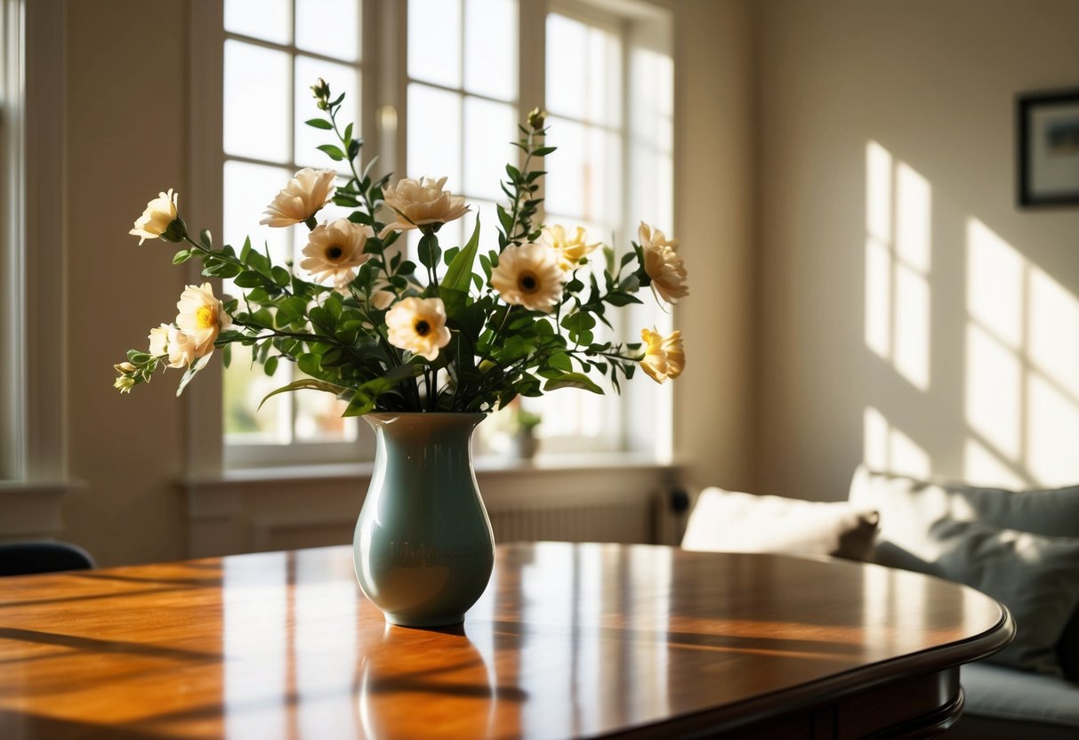 A vase of fake flowers sits on a polished wooden table in a sunlit room, casting a soft, artificial glow in an otherwise natural setting