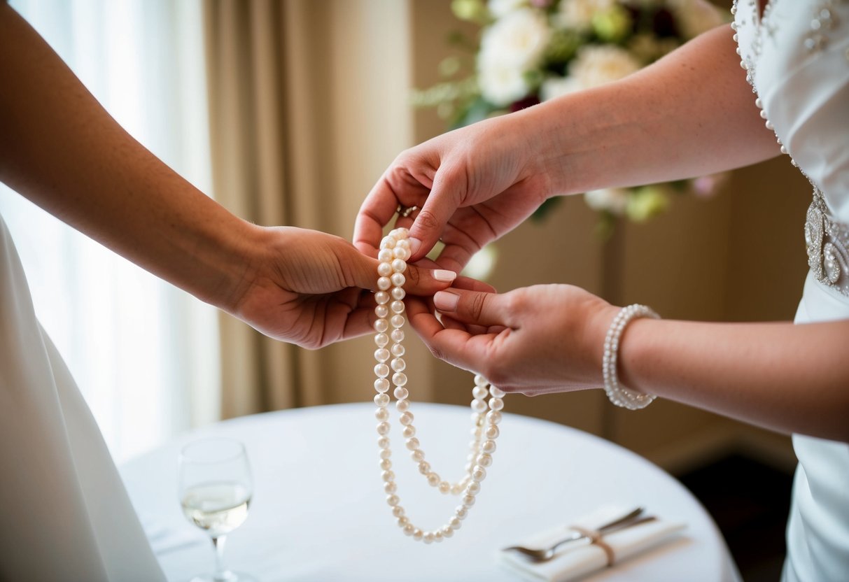 A delicate pearl necklace being handed to the bride