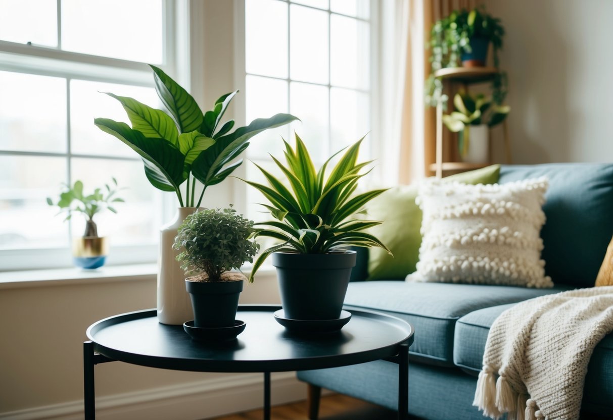 A cozy living room with a mix of faux and live plants on a side table, with natural light streaming in through the window
