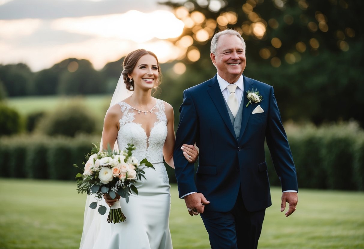 A figure walks alongside the father of the groom, both looking proud and joyful
