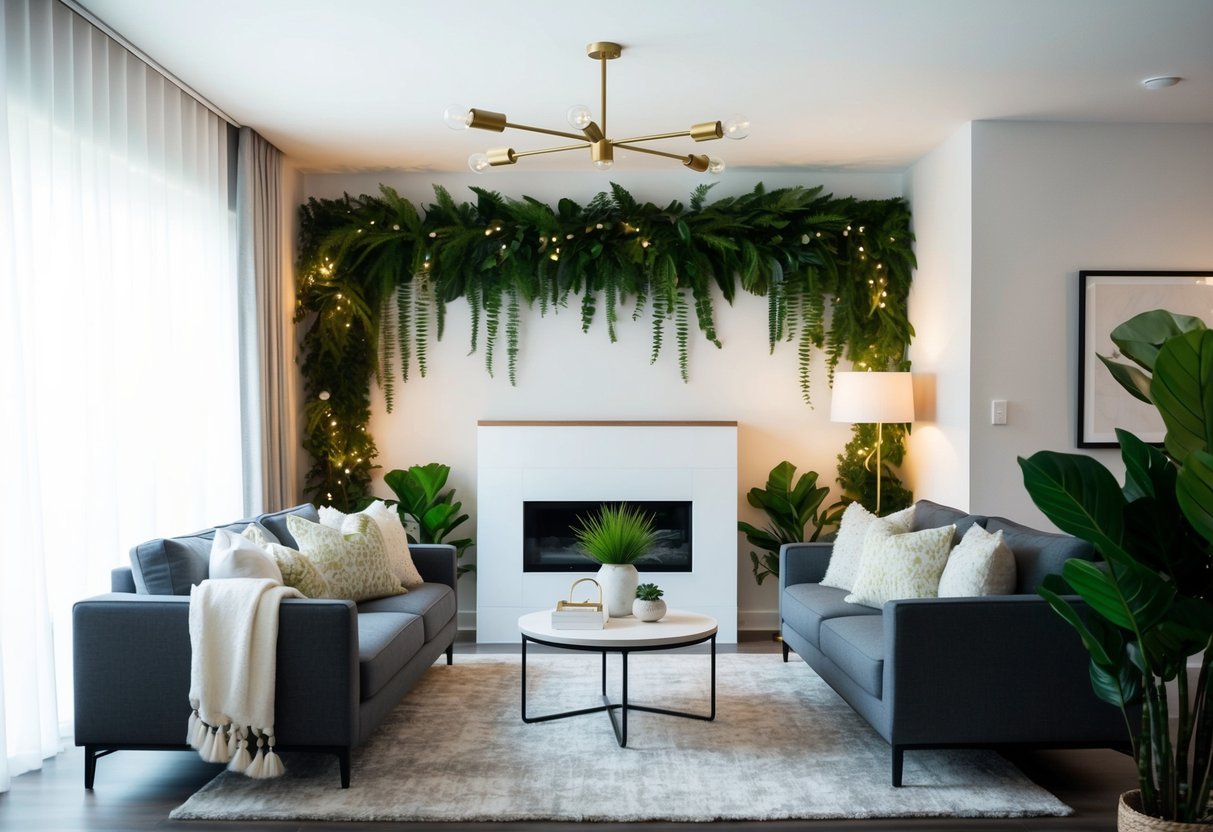 A modern living room with faux greenery seamlessly integrated into the decor, creating a natural and inviting atmosphere