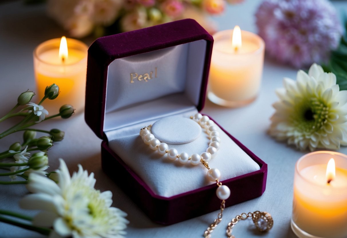 A delicate pearl necklace nestled in a velvet-lined jewelry box, surrounded by soft candlelight and fresh flowers