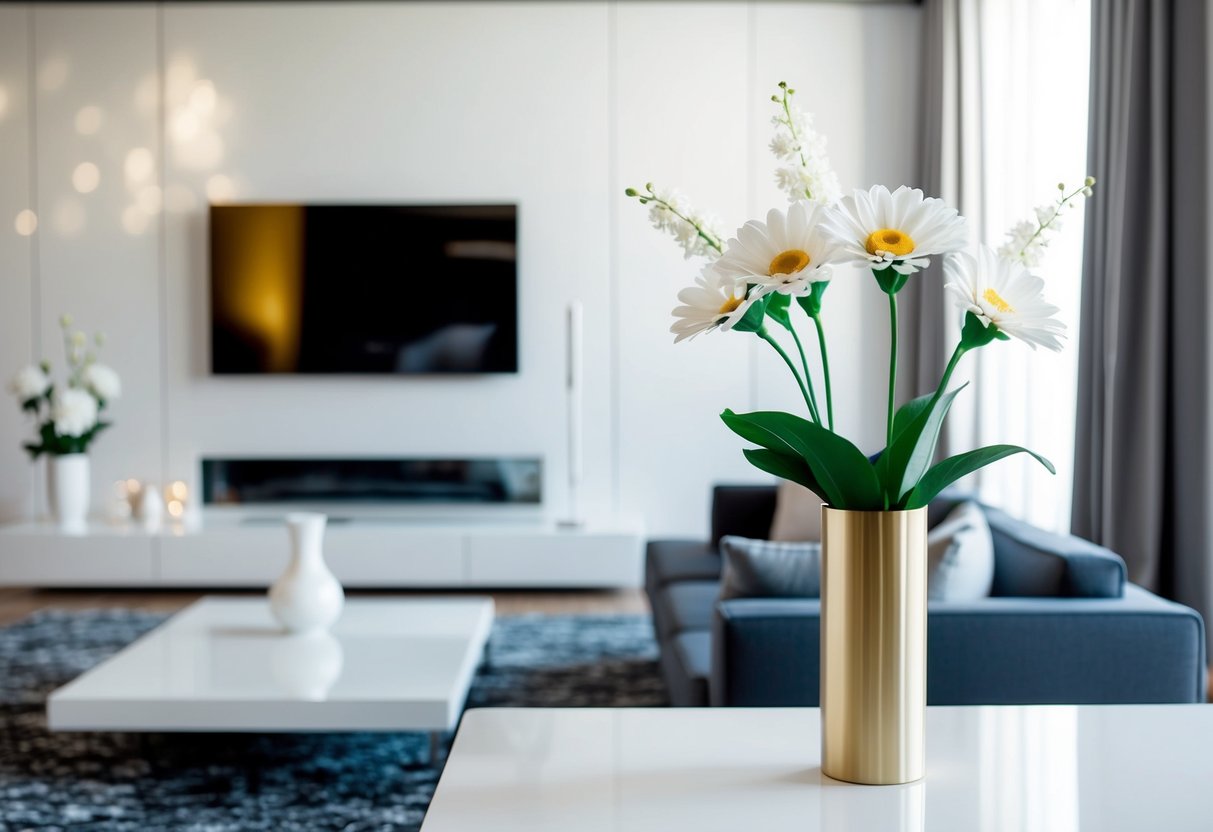 A modern living room with a sleek vase of artificial flowers on a clean, minimalist table