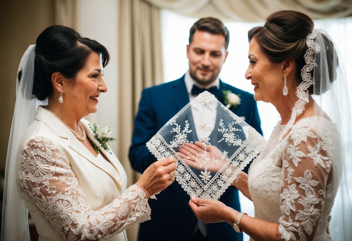 The groom's mother presents the bride with a delicate lace handkerchief adorned with intricate embroidery, symbolizing her support and blessings for the upcoming nuptials