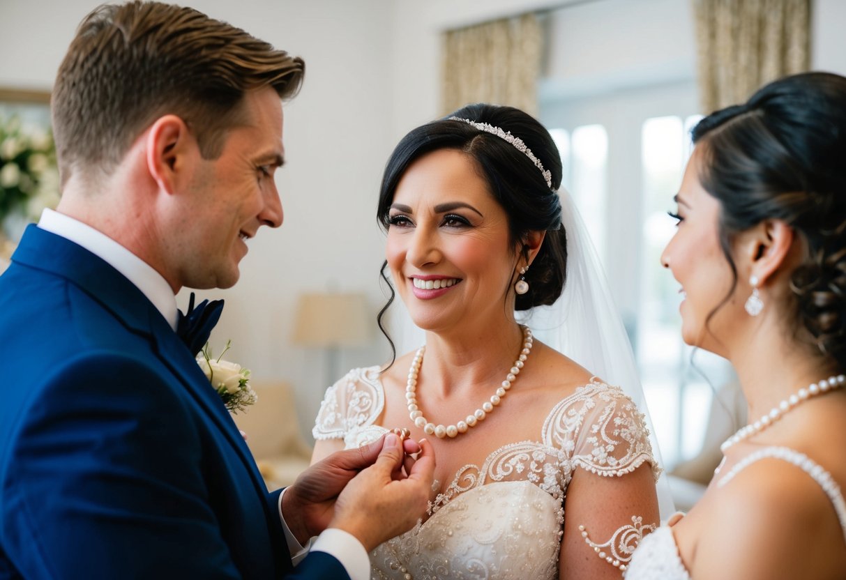 The groom's mother presents a delicate pearl necklace to the bride, symbolizing her support and welcome into the family