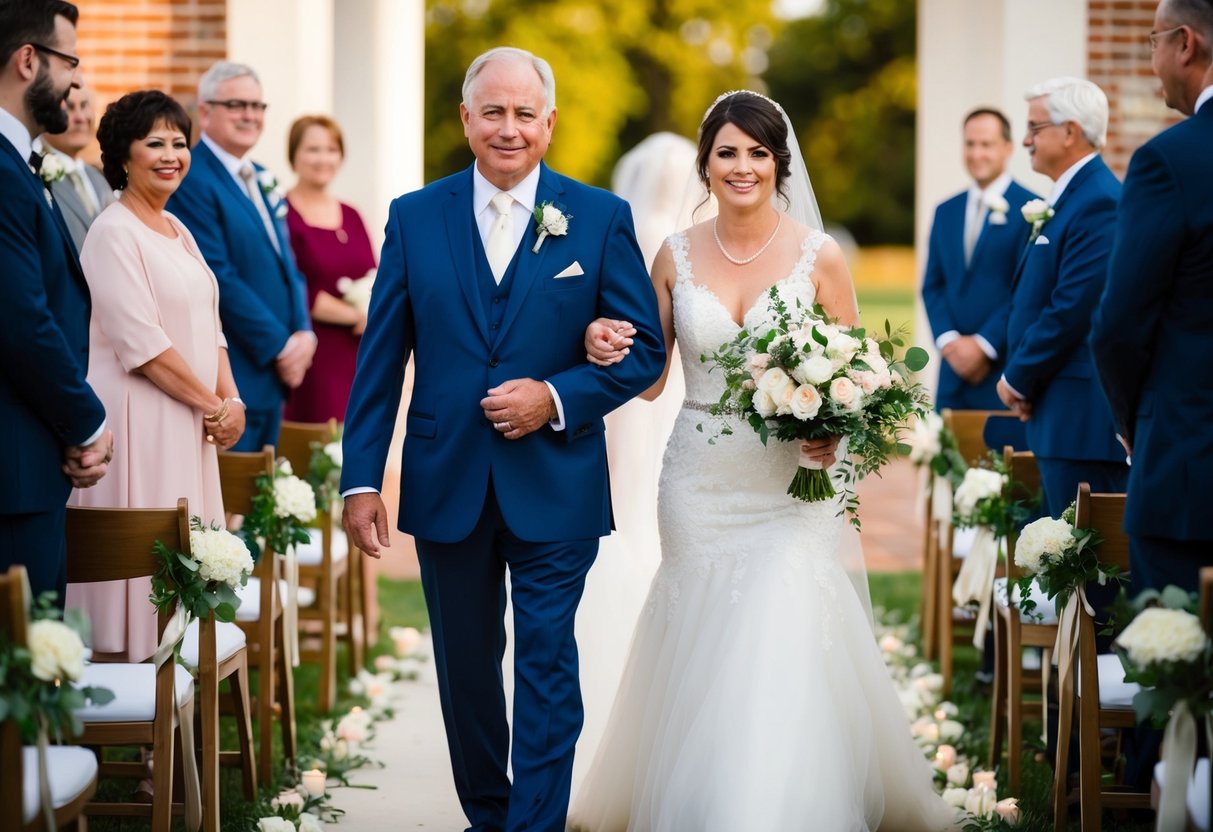 The groom's father walks down the aisle with the bride's mother, symbolizing the joining of the two families