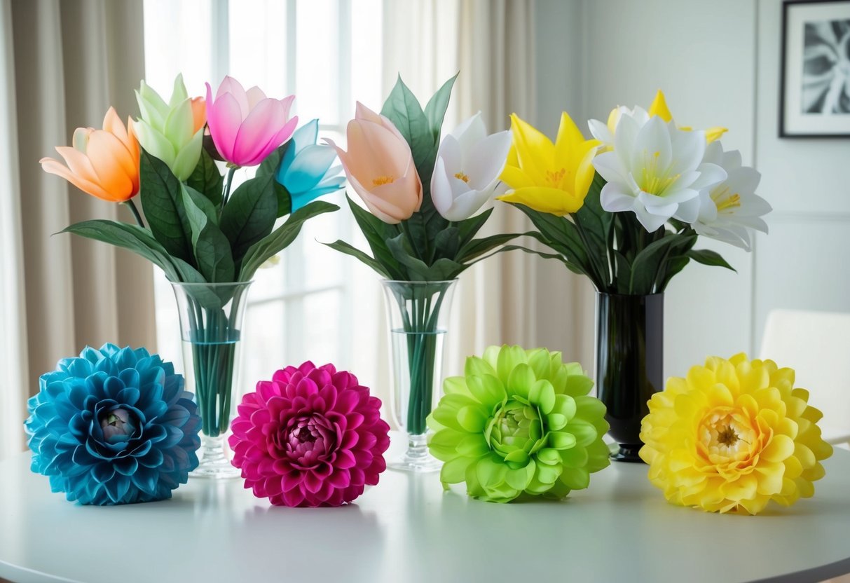 A table with a variety of realistic fake flowers made of silk, plastic, and latex, displayed in a well-lit room with natural light