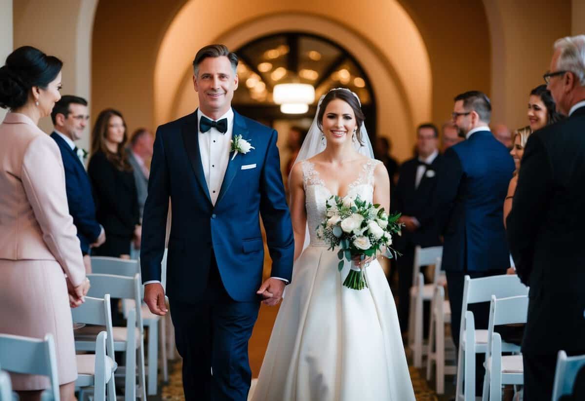 A figure in formal attire escorts another figure in formal attire down an aisle