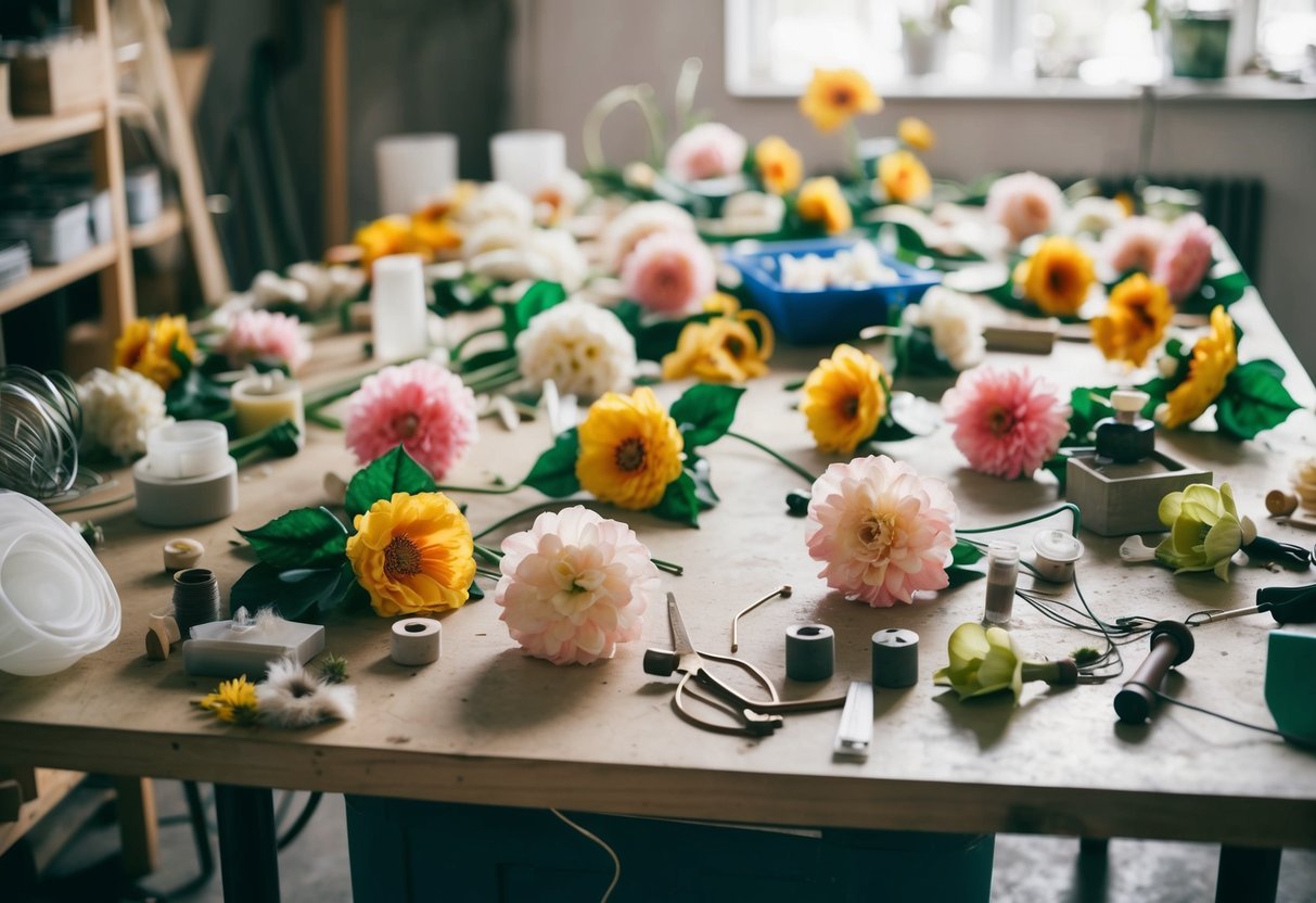 A table scattered with lifelike artificial flowers in various stages of production, surrounded by tools, molds, and materials like silk, plastic, and wire