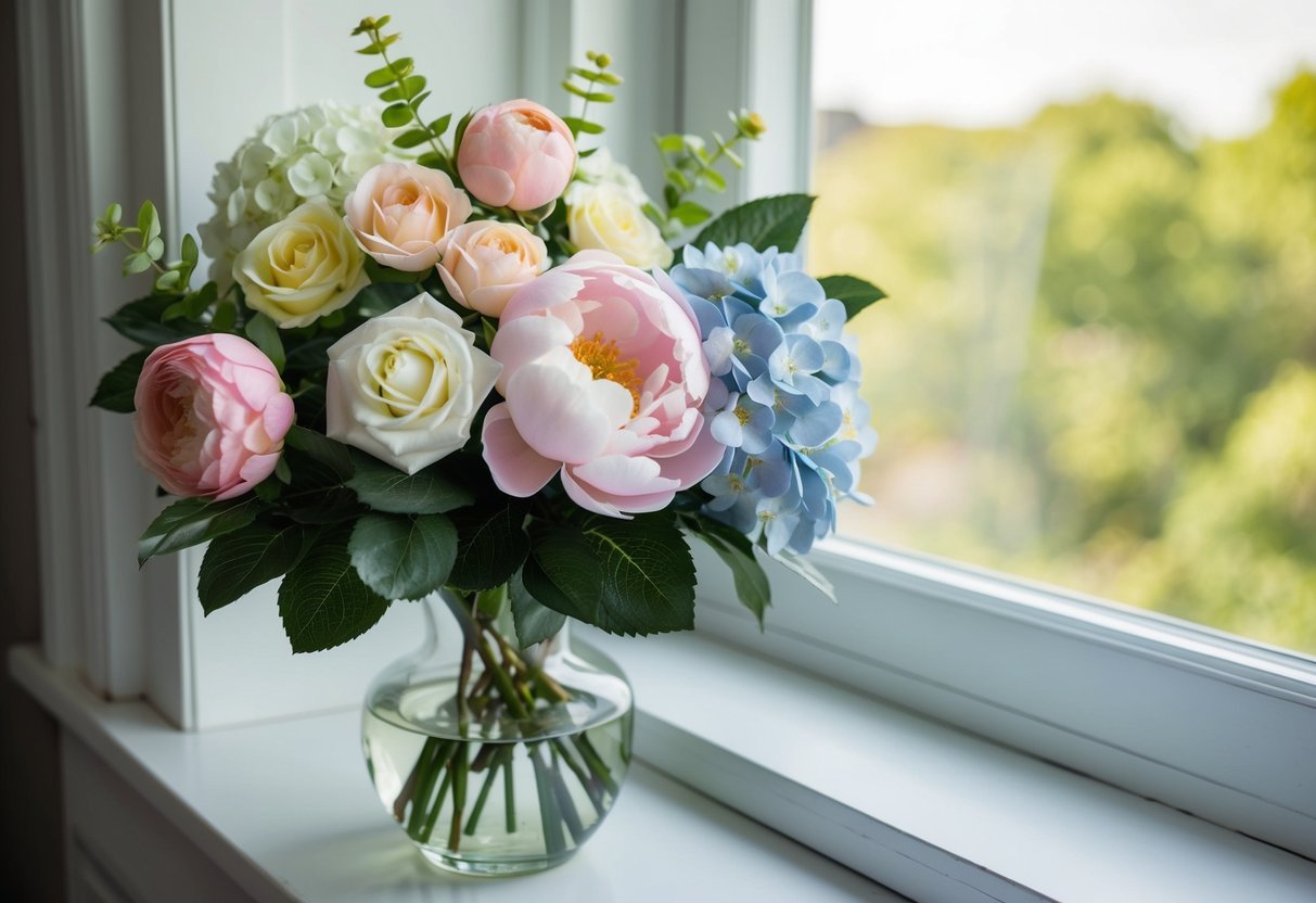 A bouquet of lifelike faux flowers, including roses, peonies, and hydrangeas, arranged in a glass vase on a sunlit windowsill