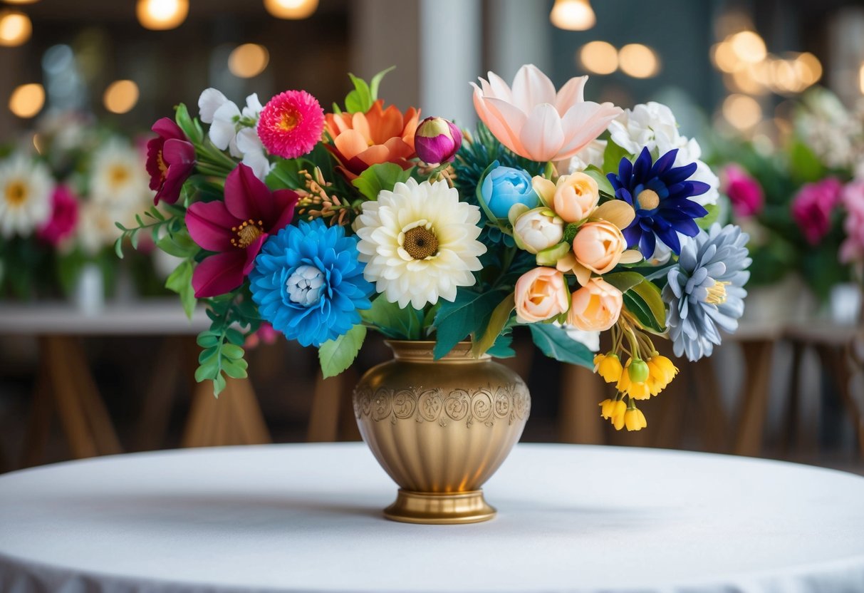 A table with a variety of realistic fake flowers made of silk, plastic, and other materials, arranged in a decorative vase