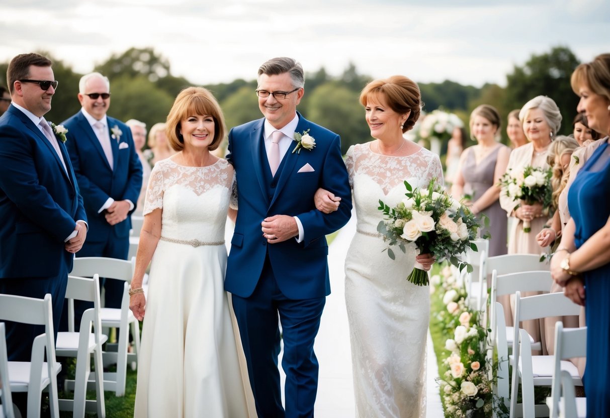 A figure leads the mother of the groom down the aisle, guiding her with a gentle hand and a warm smile