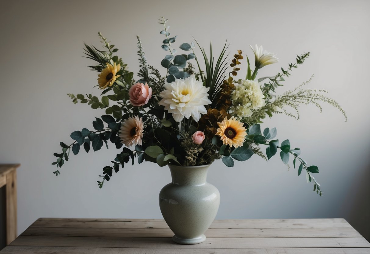 A vase filled with fake flowers arranged in a natural, asymmetrical manner, with varying heights and angles, and a mix of different types of flowers and foliage