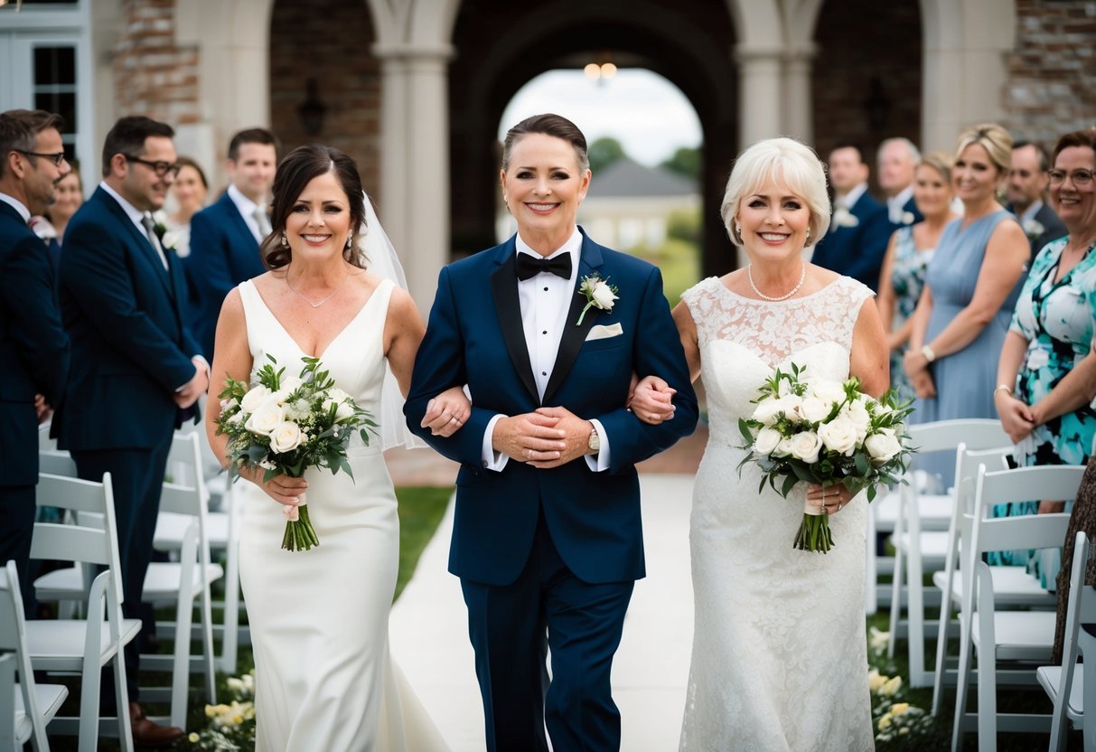 A figure escorts the mother of the groom down the aisle