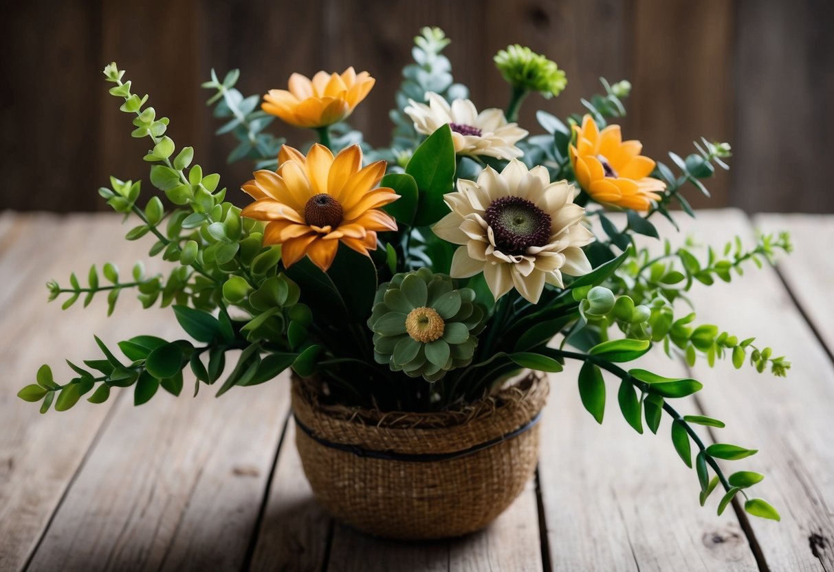 A bouquet of fake flowers arranged in a natural, organic manner, with varying heights and angles, nestled in a rustic vase or basket
