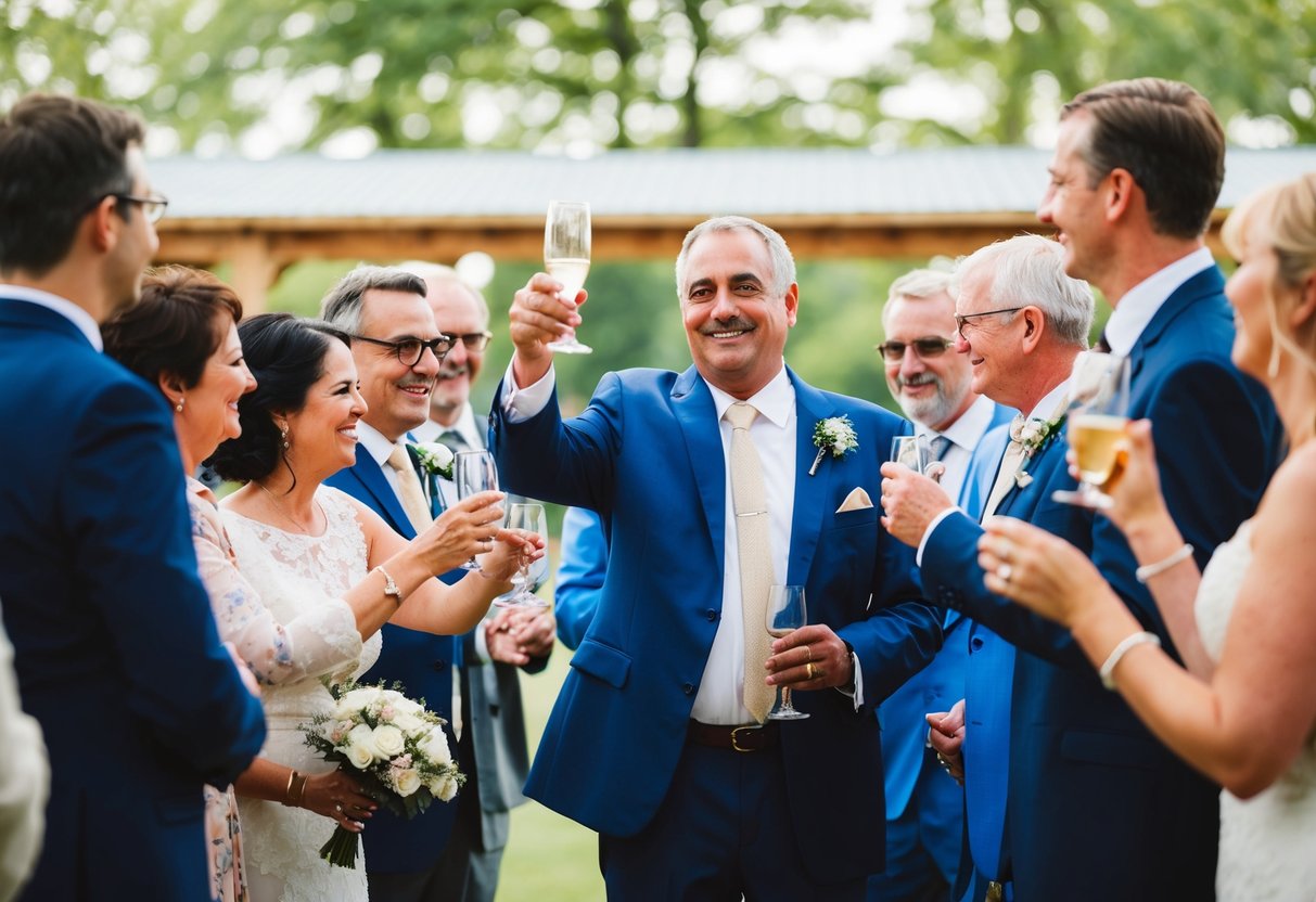 A father stands proudly, raising a glass in a toast, surrounded by family and friends at his son's wedding