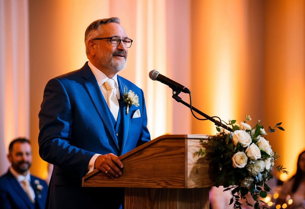 A father stands at a podium, surrounded by a warm glow, with a microphone in front of him, preparing to deliver a heartfelt speech at his son's wedding