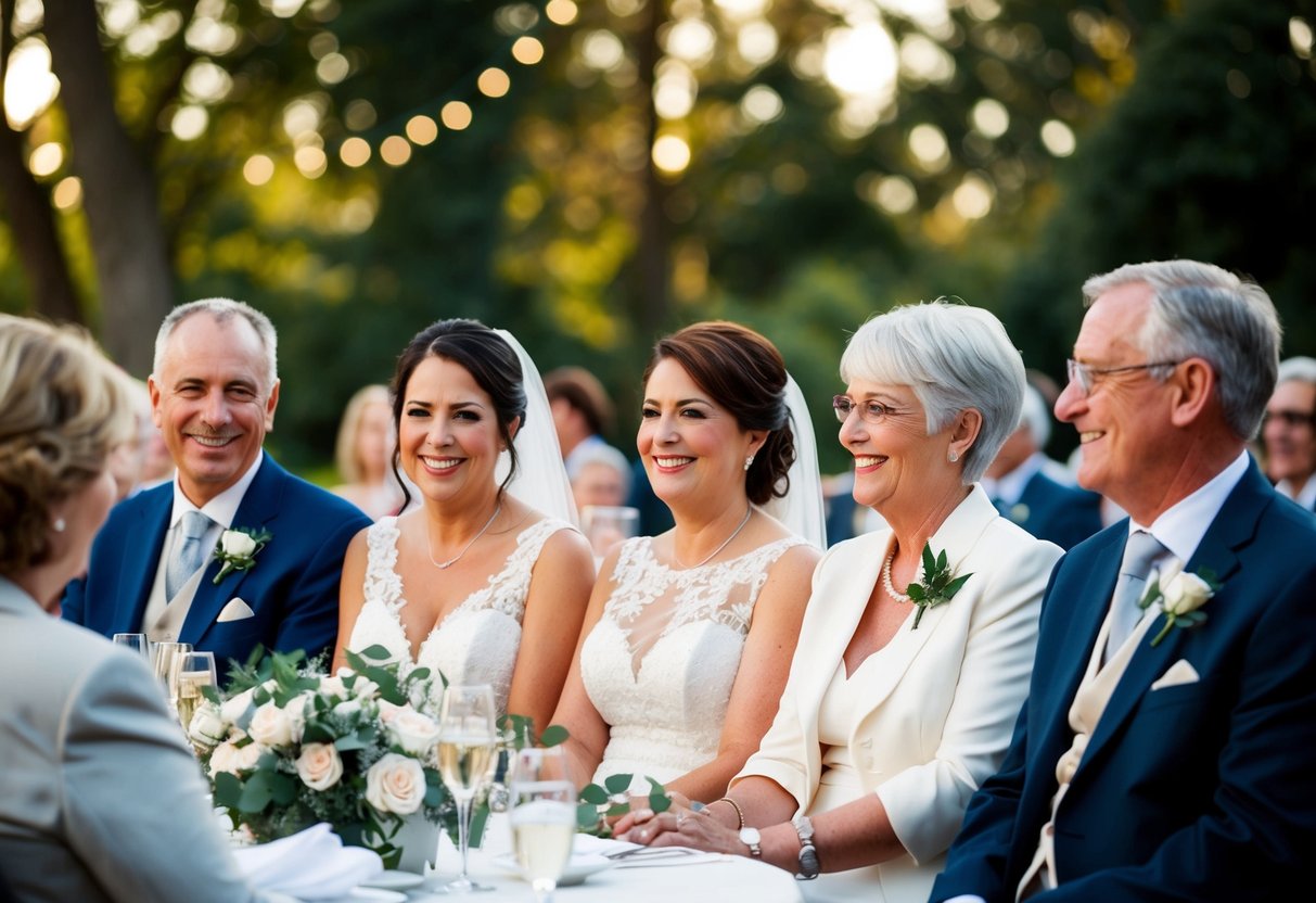 All parents seated together at a wedding, smiling and chatting
