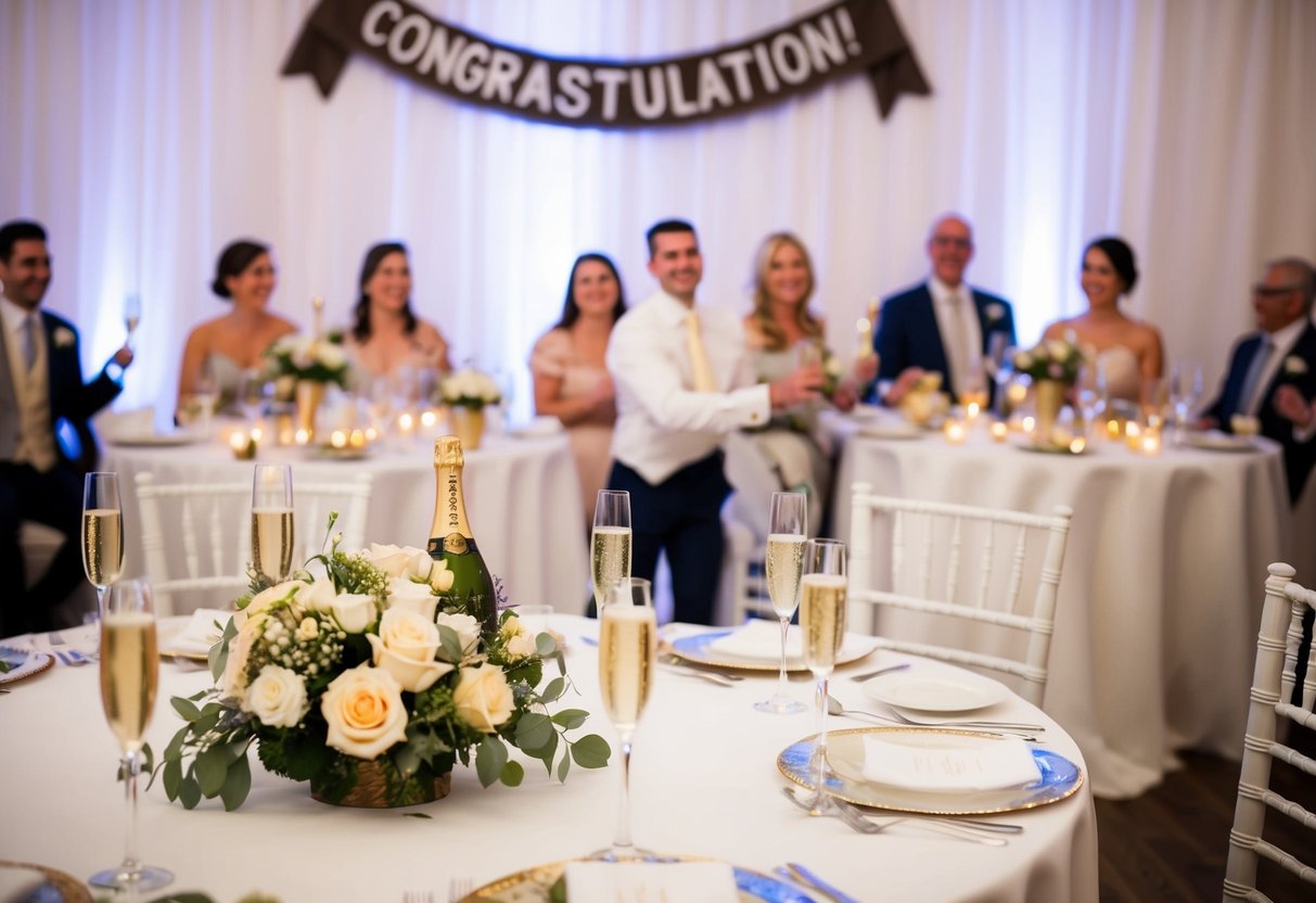 A joyful wedding reception with a decorated table, champagne glasses, and a congratulatory banner