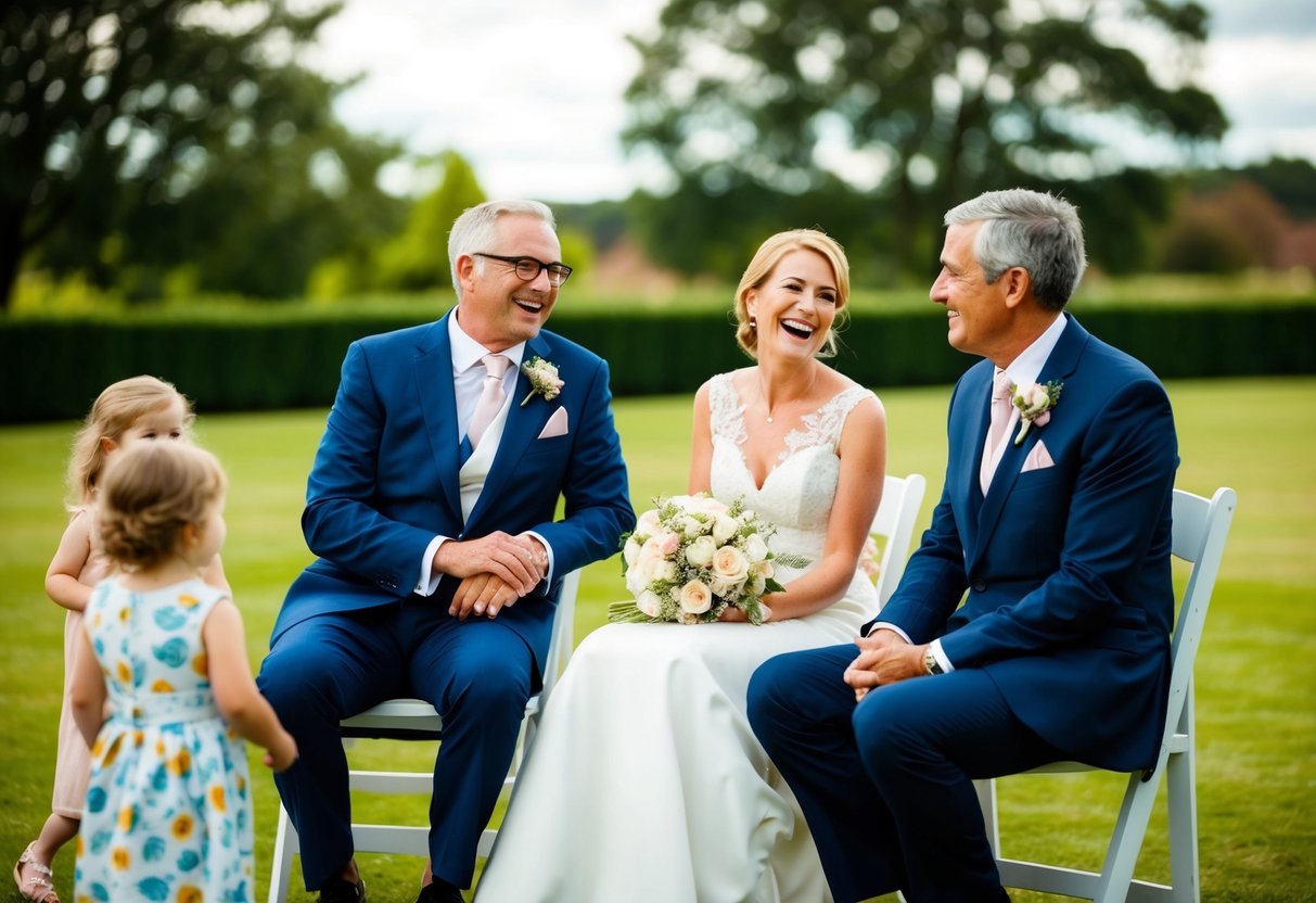 Parents at wedding, seated together or apart, chatting and laughing, while children play nearby