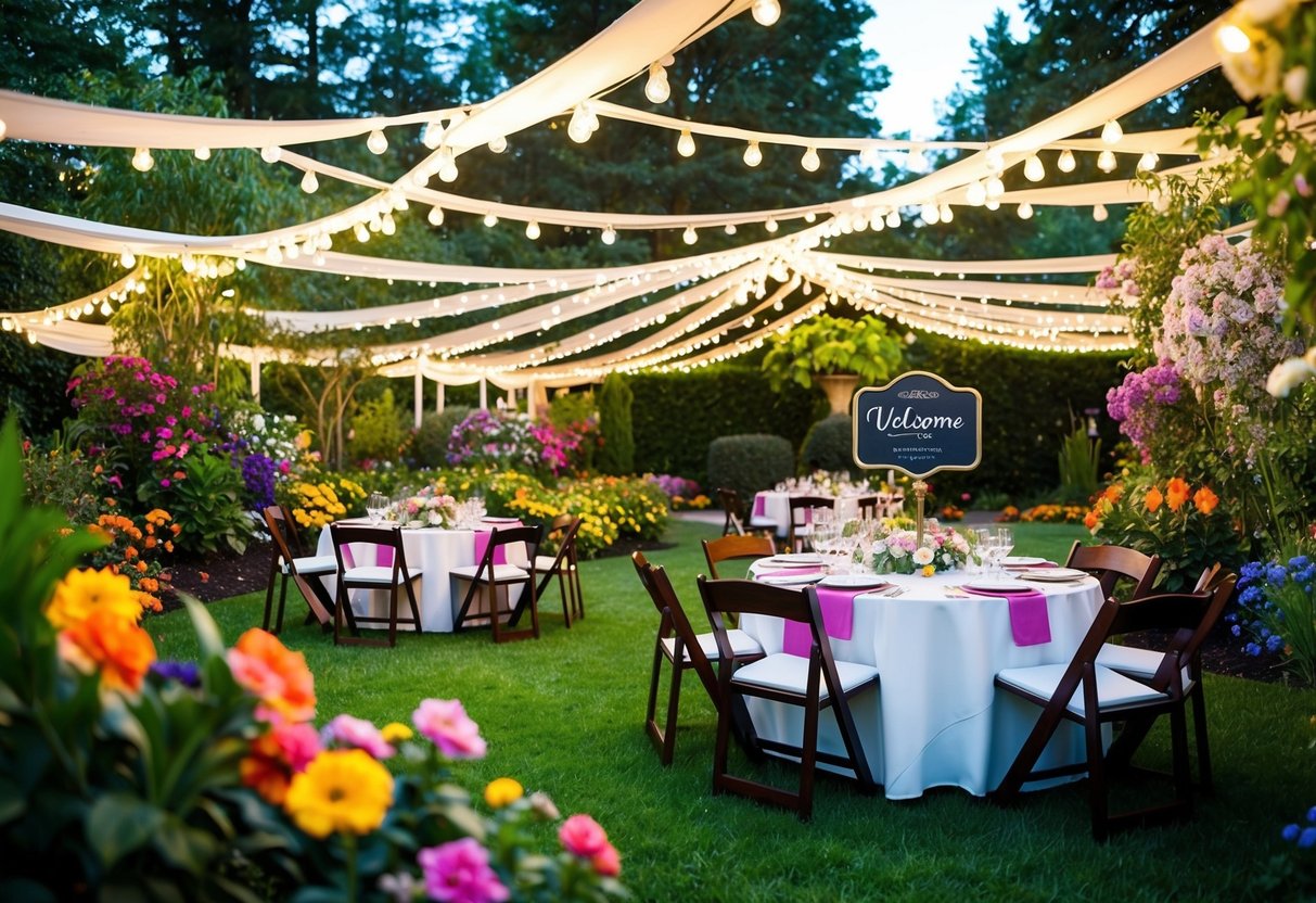 A colorful, flower-filled garden with a canopy of twinkling lights and a table set with elegant place settings and a welcoming sign