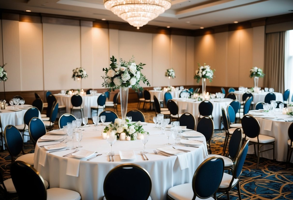A wedding reception hall with round tables arranged in an elegant pattern, adorned with floral centerpieces and place cards