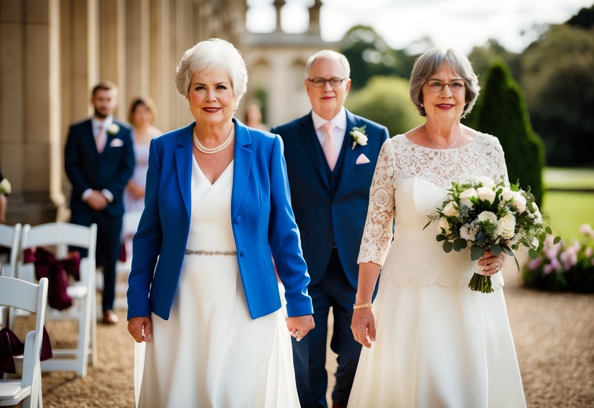 The bride's mother walks first, followed by the groom's mother