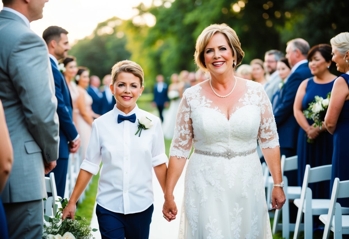 A mother and son walk side by side, leading the wedding processional. Their connection is evident in their shared smiles and linked arms