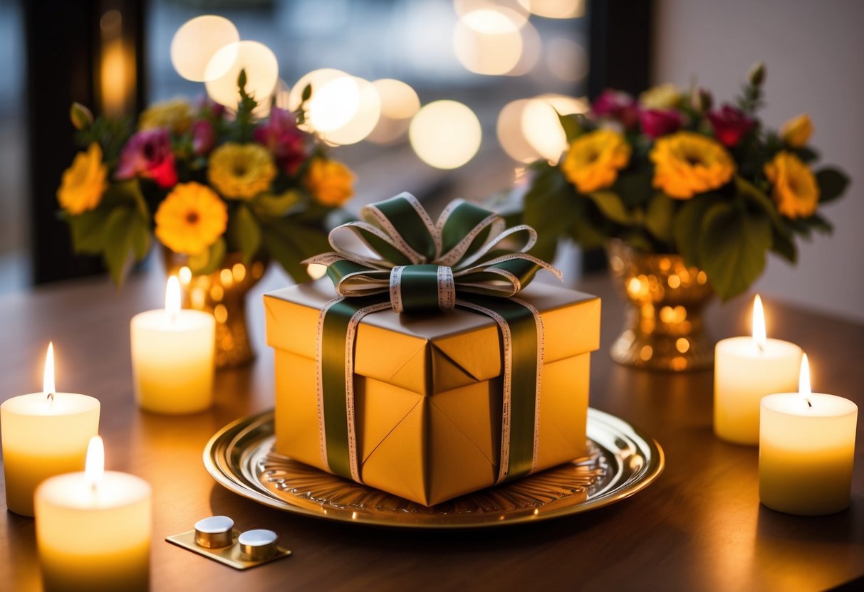 A wrapped gift box sits on a table, adorned with a ribbon and bow. Flowers and candles surround it, creating a warm and celebratory atmosphere