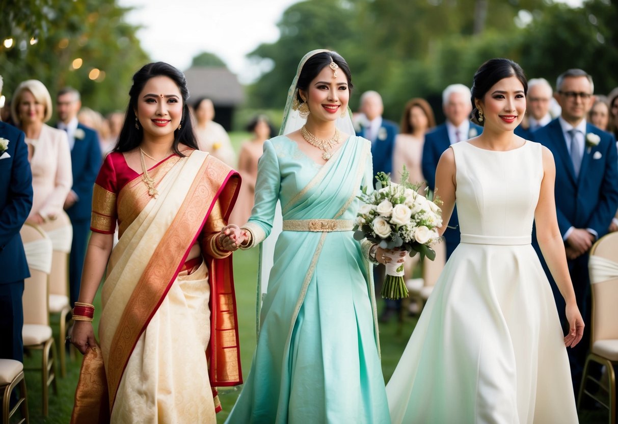 A woman in a traditional dress leads a procession, followed by a woman in modern attire, symbolizing the debate over who walks first in a wedding procession