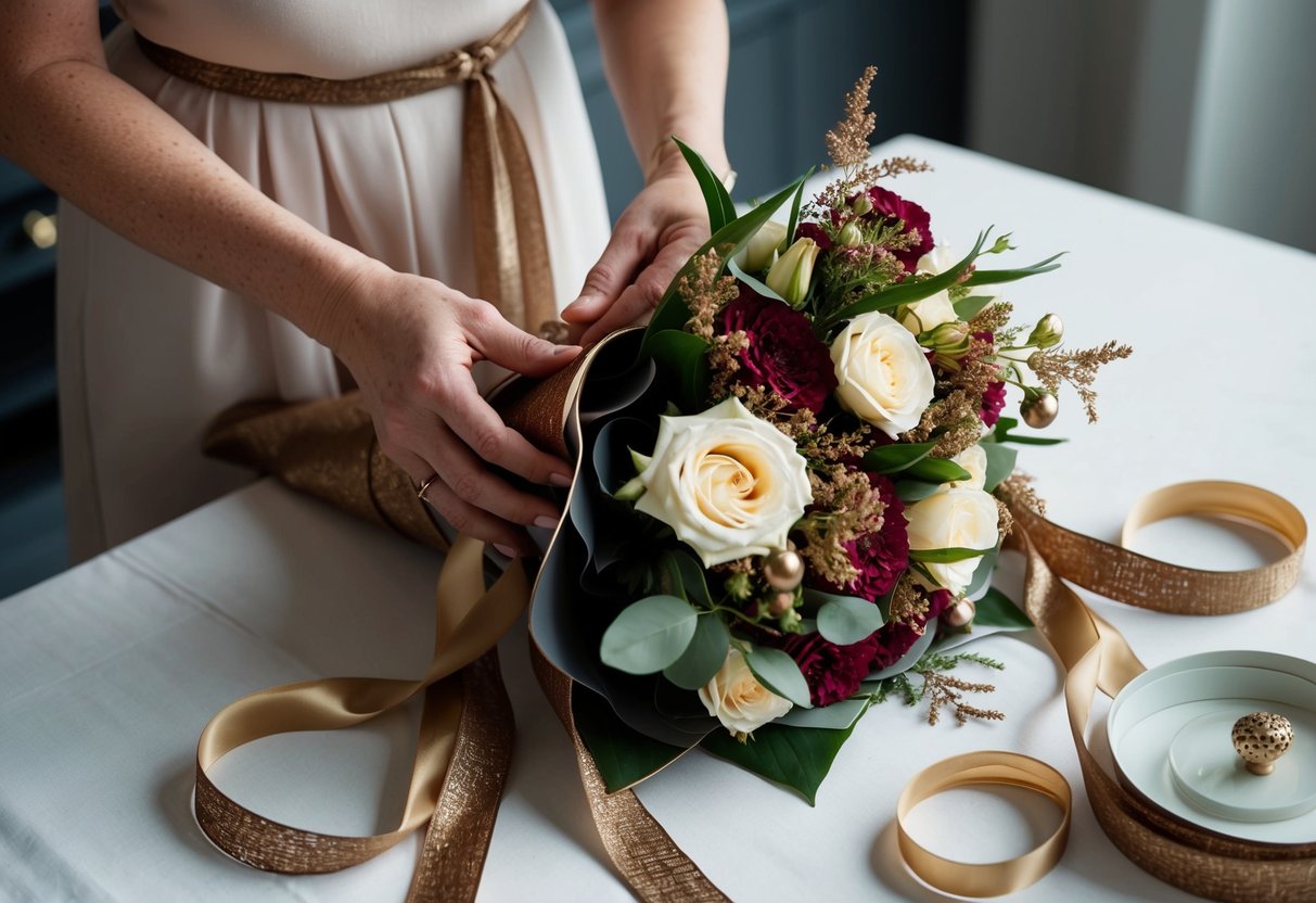 A pair of delicate hands carefully arranging and wrapping a luxurious bouquet of flowers with rich, textured ribbon and elegant, metallic accents