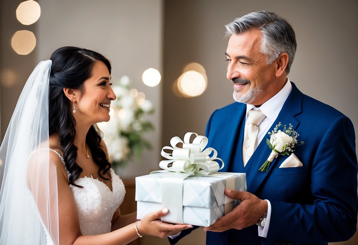 A father presents a beautifully wrapped gift to his daughter, the bride, with a tender and proud expression on his face