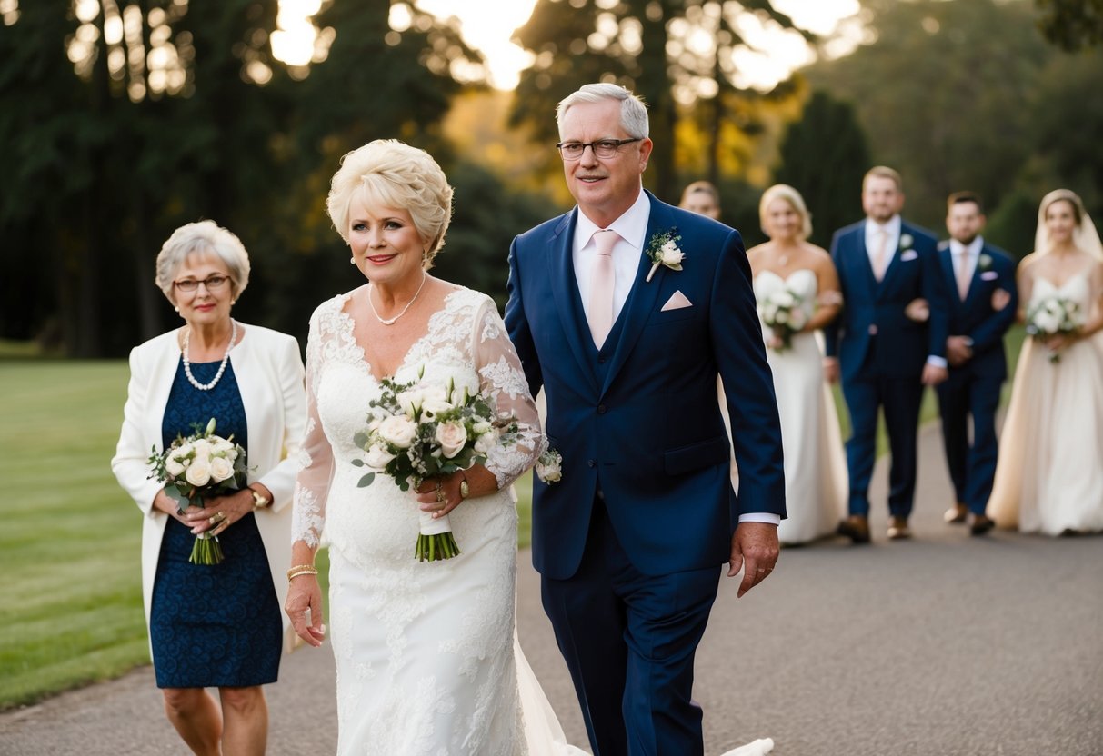 The bride's mother leads the wedding party, followed by the groom's mother