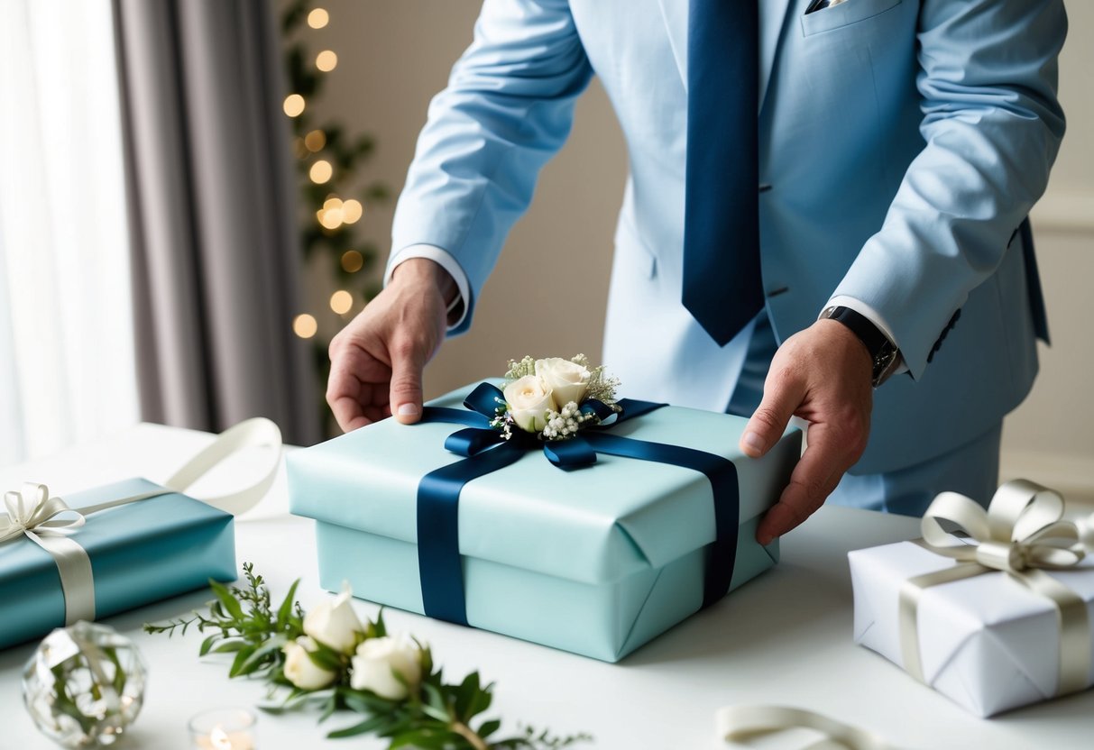 A father carefully selects a thoughtful wedding gift, surrounded by elegant wrapping paper and ribbon