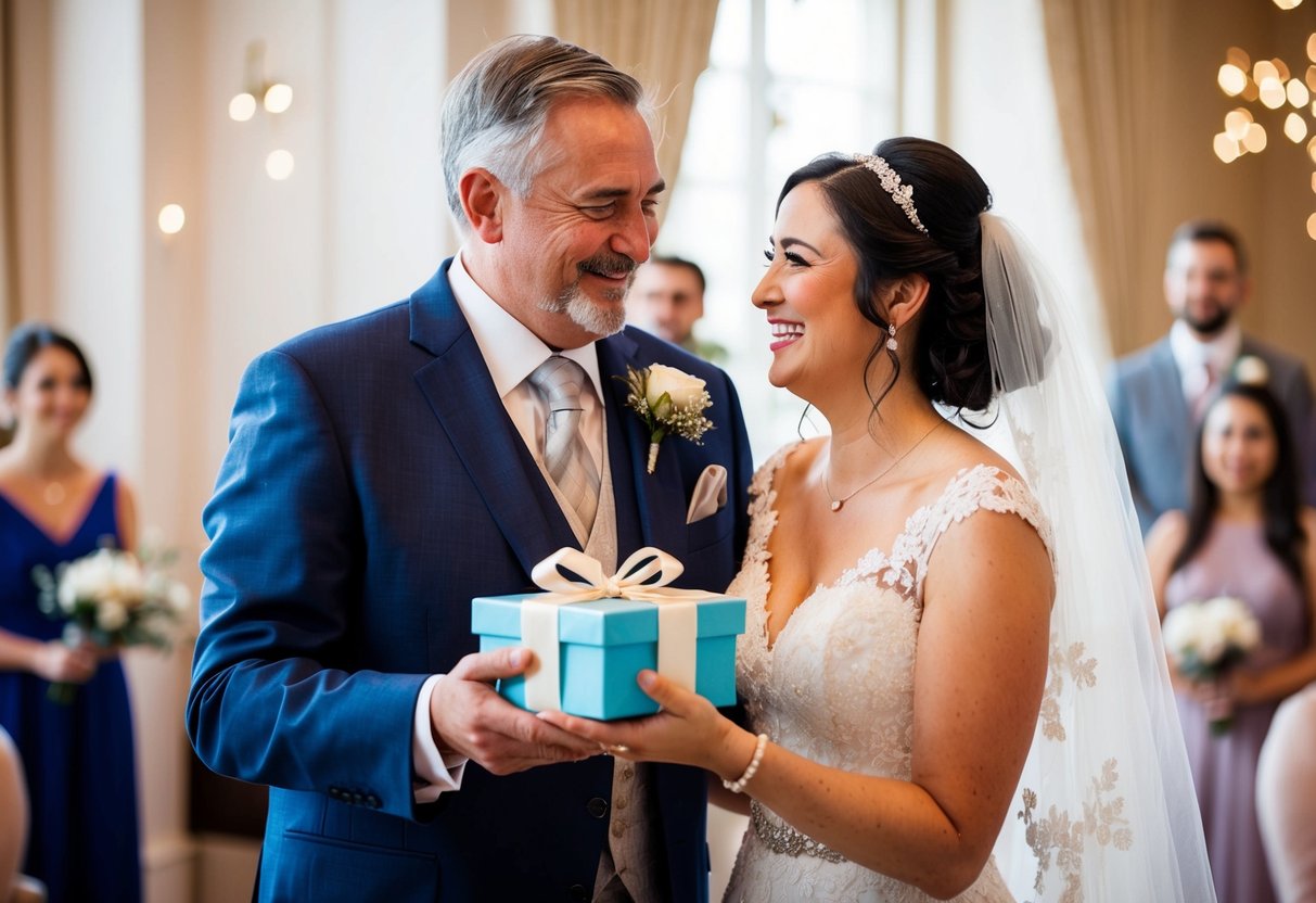 A father presenting a thoughtful gift to his daughter, the bride, with a warm smile and a loving embrace