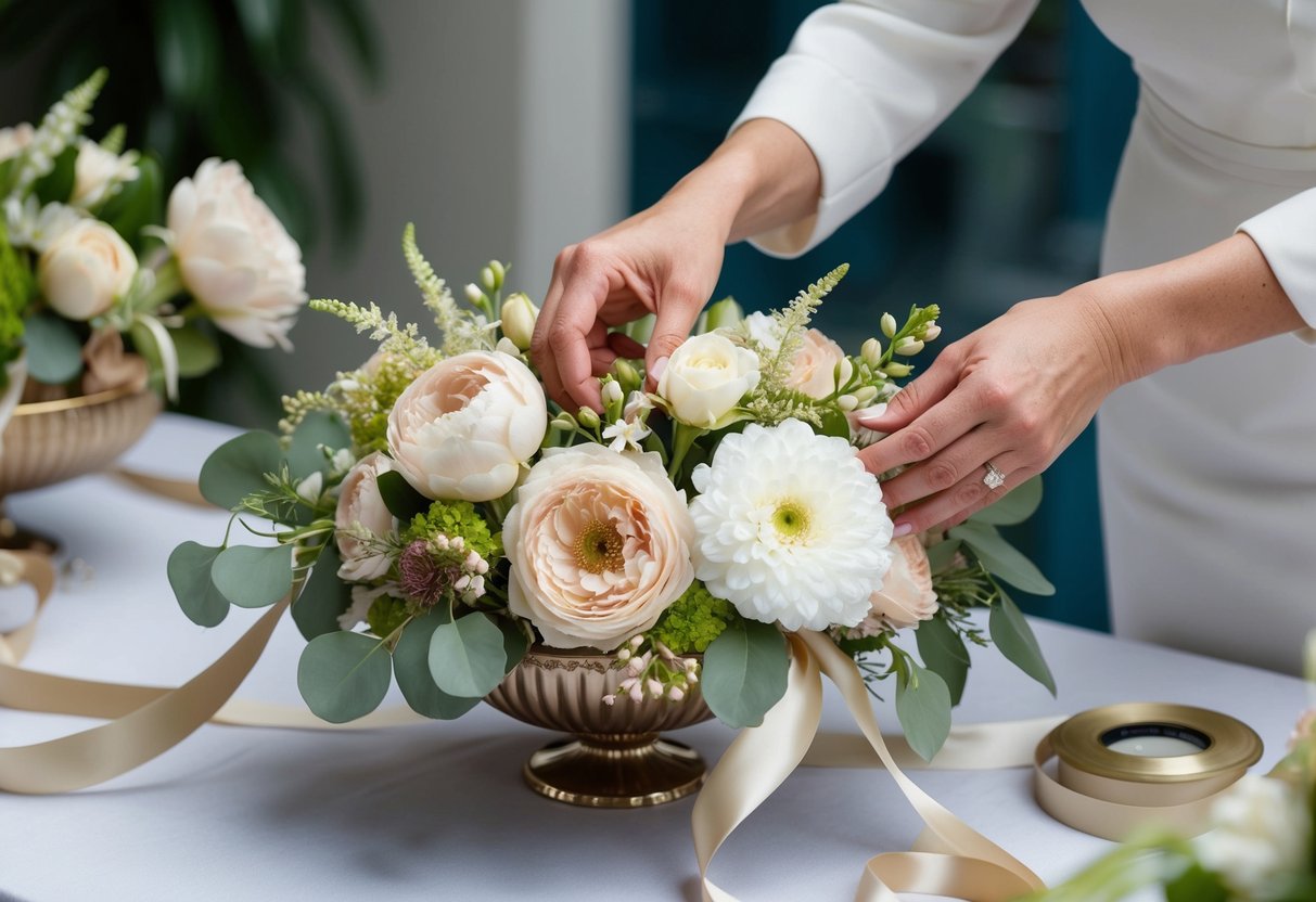 A pair of elegant hands carefully arranging luxurious blooms with ribbon and decorative accents for a high-end floral arrangement