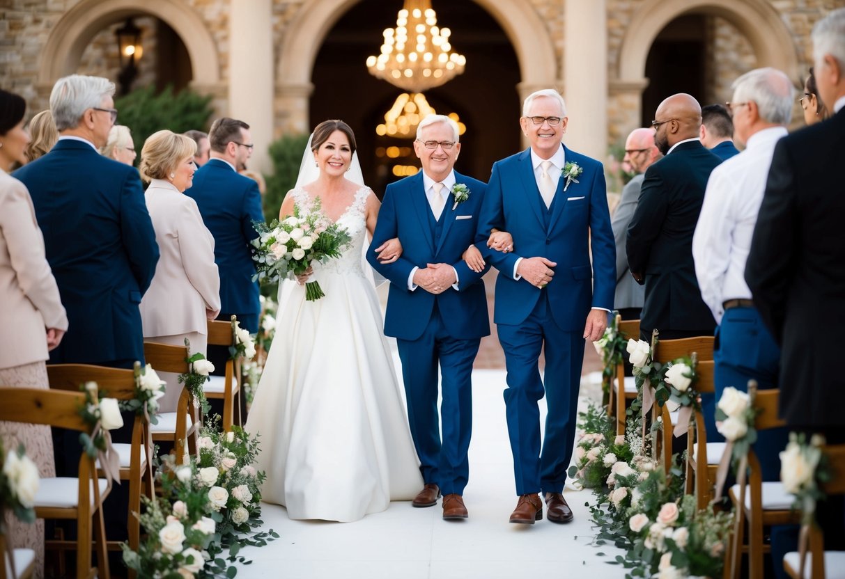 The groom's parents are escorted down the aisle by a trusted family member or close friend