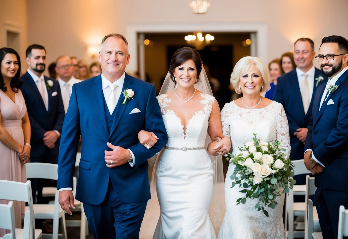 The groom's parents are escorted down the aisle by an usher or family member