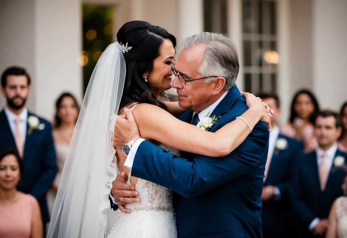 The father of the bride embraces her before releasing her to the groom