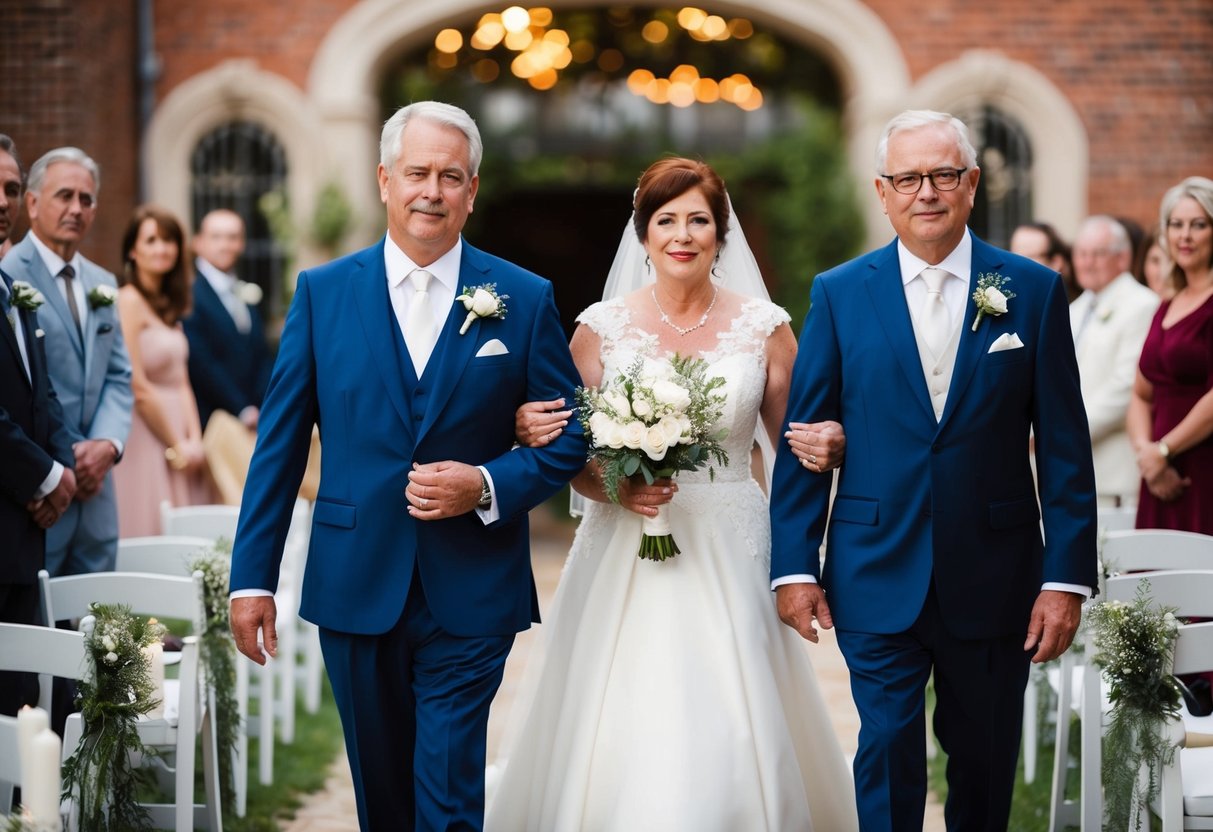 The Groom's Parents arrive at the end of the aisle, with the mother on the left and the father on the right, walking with pride and elegance