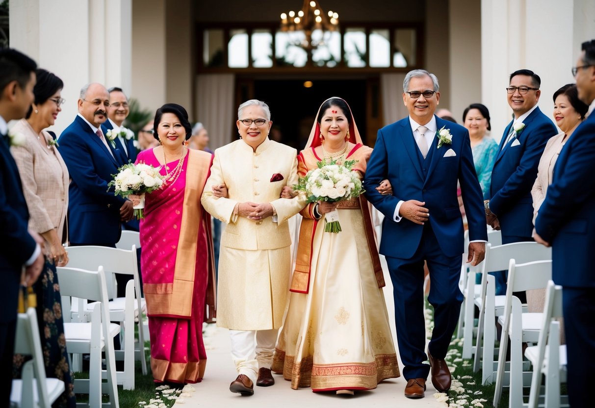 The groom's parents are escorted down the aisle by close family members or friends, following cultural traditions