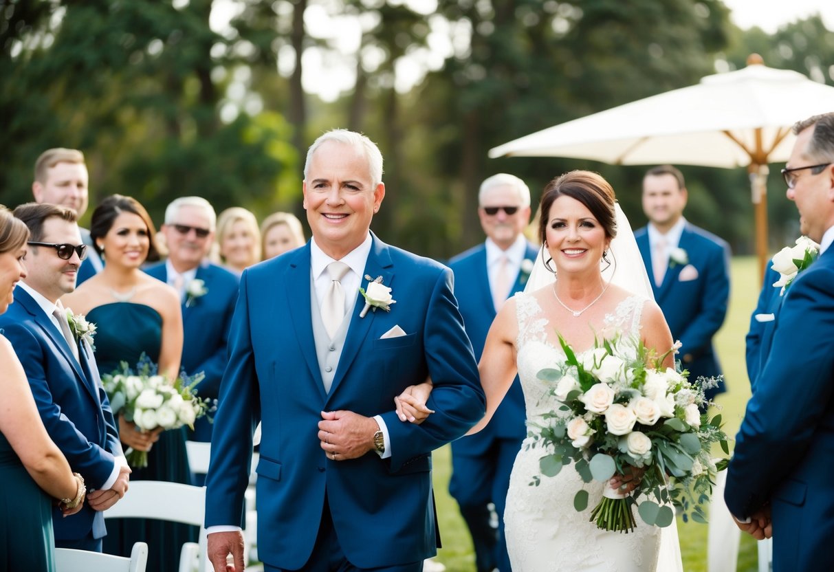 The groom's parents are escorted down the aisle by a member of the wedding party, following the designated ceremonial order